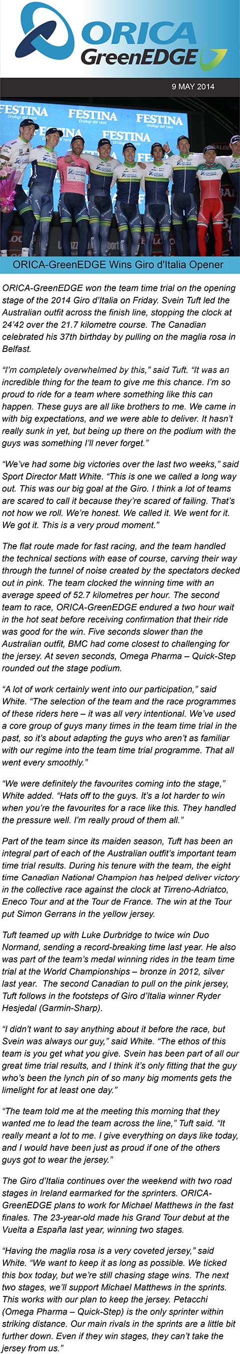 ORICAGreenEDGE Wins Giro dItalia Opener