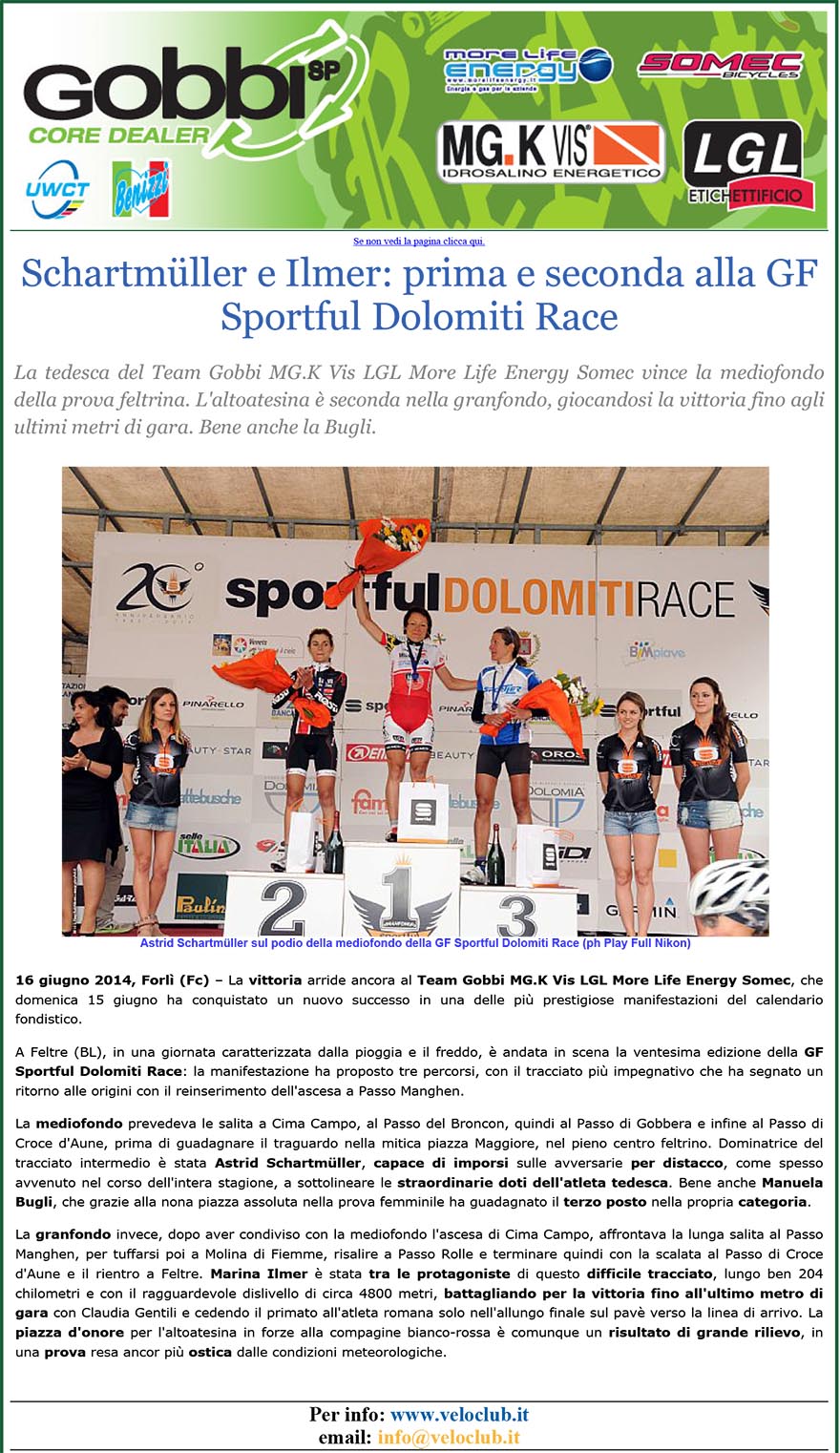 SOMEC NEWS: Schartmüller e Ilmer: prima e seconda alla GF Sportful Dolomiti Race